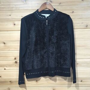 Ming Wang Jacket Womens Petite Medium Black Faux Fur Front Zip‎ Front Studded
